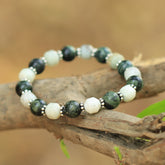 Forest and White Beaded Stretch Bracelet in Sterling Silver
